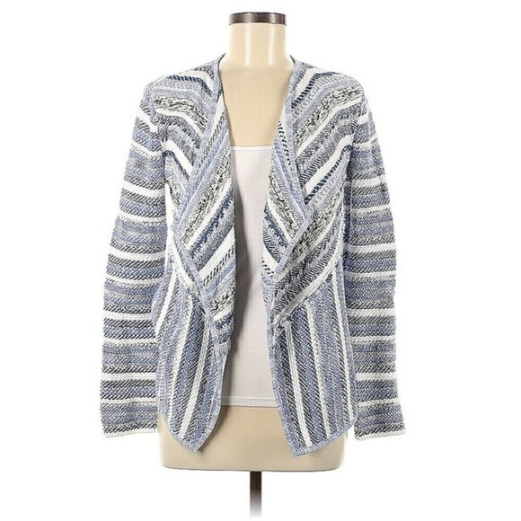INC Cardigan Women's‎ size PM Blue Striped Twill Texture Open Front Long Sleeve - Picture 1 of 3